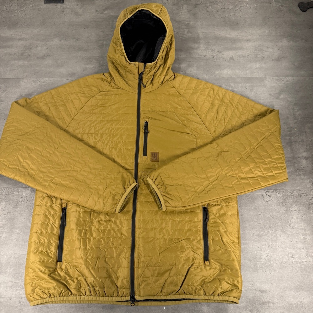 Topo Designs Global Puffer Hoodie Mens Large Khaki Gold Quilted Full Zip EUC